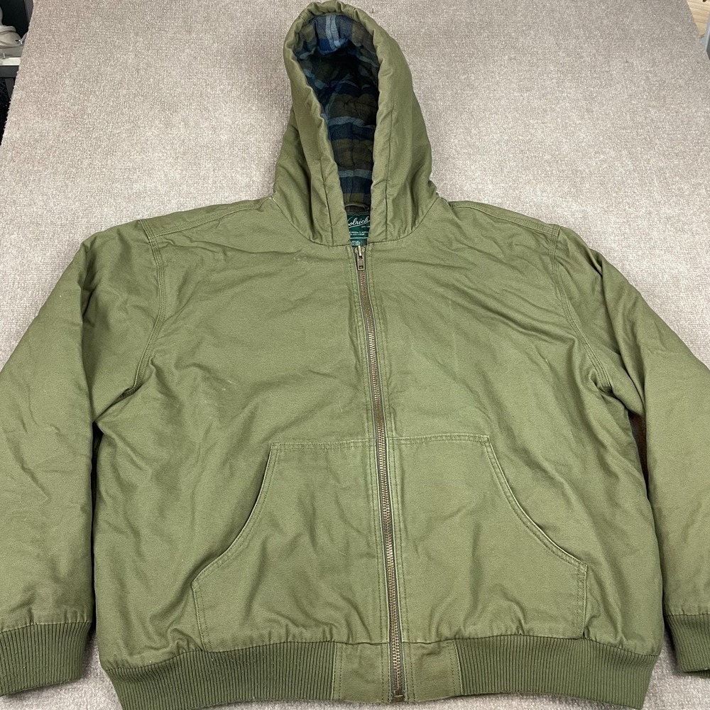 Woolrich Hooded Bomber Jacket Mens 2XL Olive Green Cotton Flannel Lined Full Zip